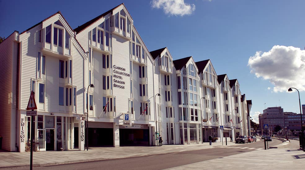 The location and facade of the Skagen Brygge in Stavanger