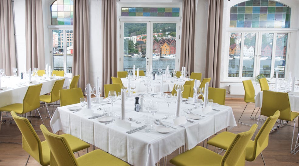Elegant restaurant with a great view of the inlet at Admiral Hotel in Bergen