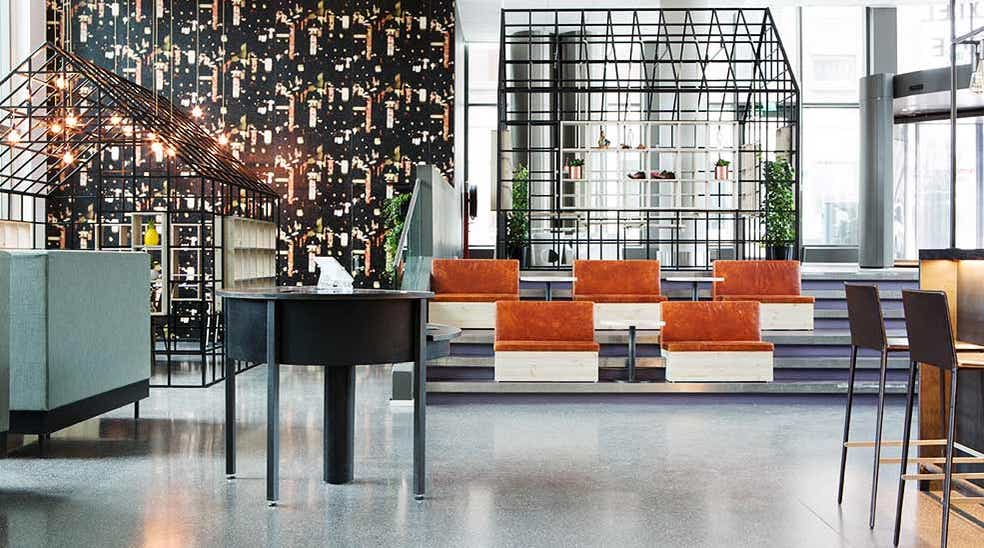 Lobby with interior design details sofas and chairs at Comfort Hotel Union Brygge in Drammen in Norway