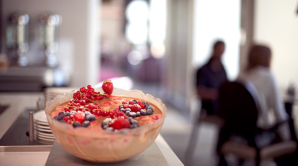 The food includes delicious desserts with fresh berries at Post Hotel in Oskarshamn