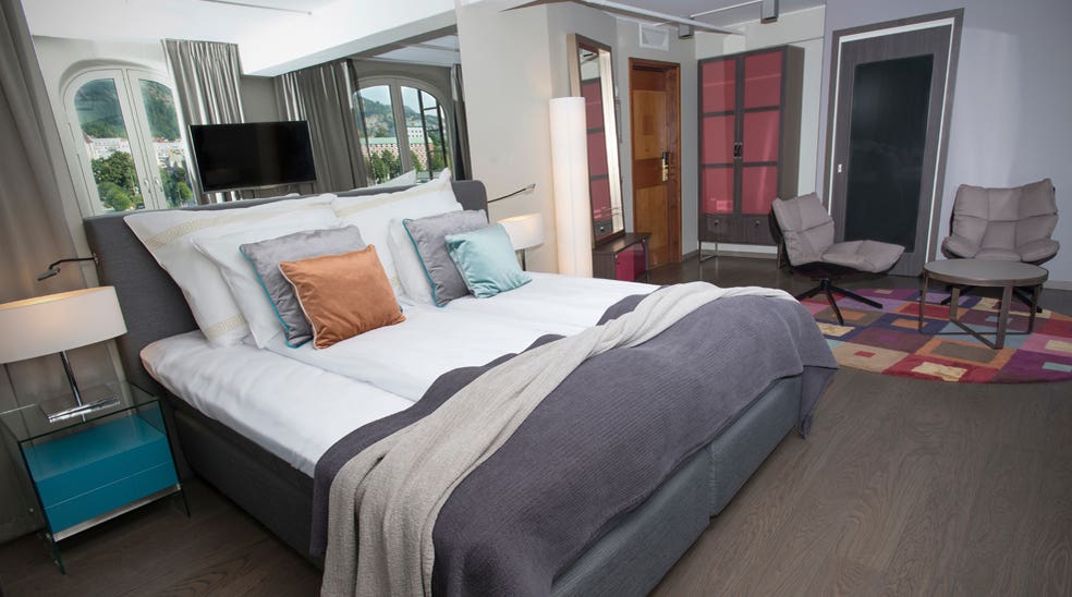 Luxurious deluxe hotel room with an amazing view of the mountains at Admiral Hotel in Bergen