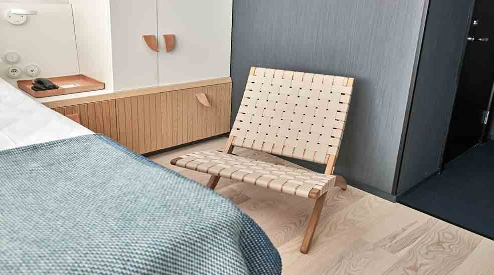 Chair in Scandinavian design in Moderate hotel room at Nordic Light Hotel in Stockholm, Sweden