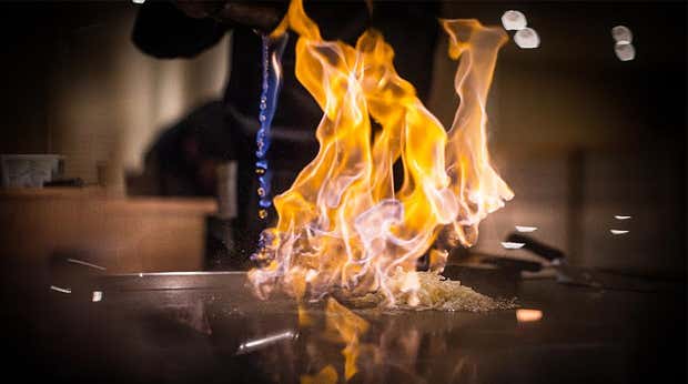 Food being flambéed at Yasuragi, Nordic Choice Hotels