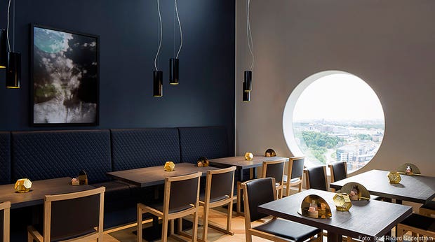 The minimalistically designed hotel restaurant at Quality Hotel Friends in Solna